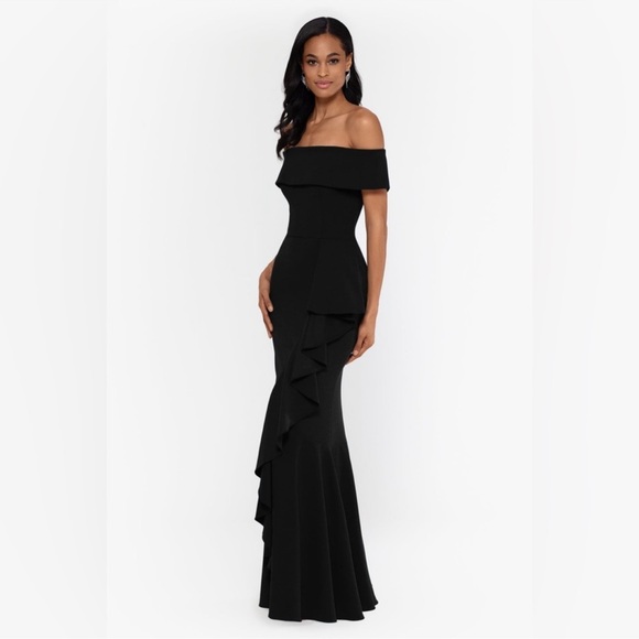 Betsy & Adam Black Ruffle Off-Shoulder Mermaid Gown Black Sz 6 - Picture 12 of 16